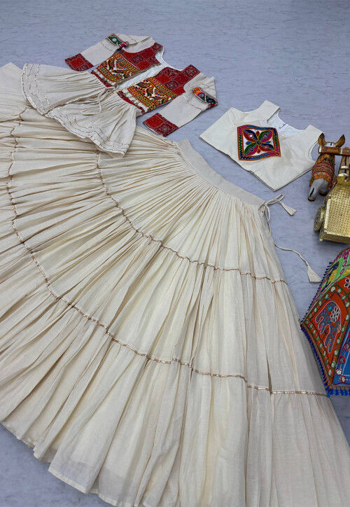 Embroidered Pure Cotton Lehenga in Off White