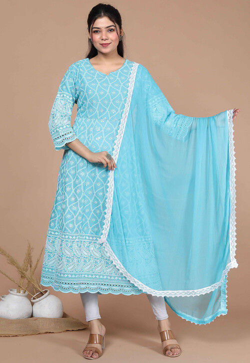 Embroidered Pure Cotton Pakistani Suit in Blue
