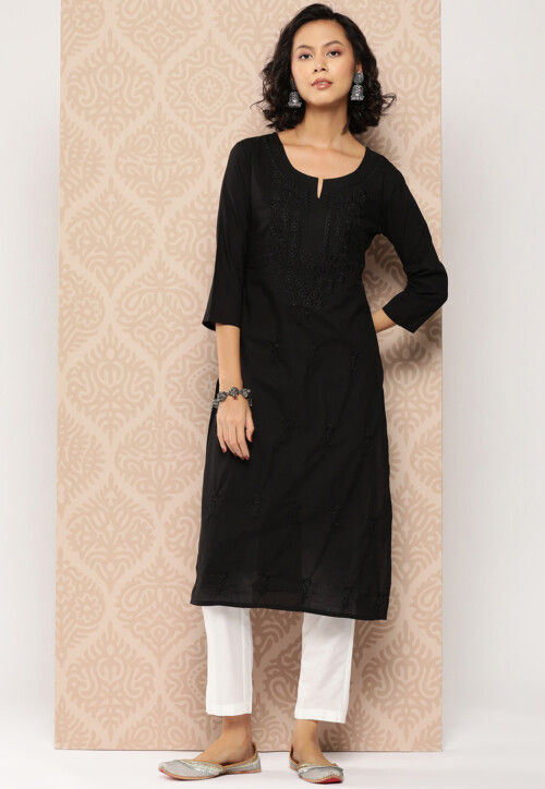 Embroidered Pure Cotton Straight Kurta in Black