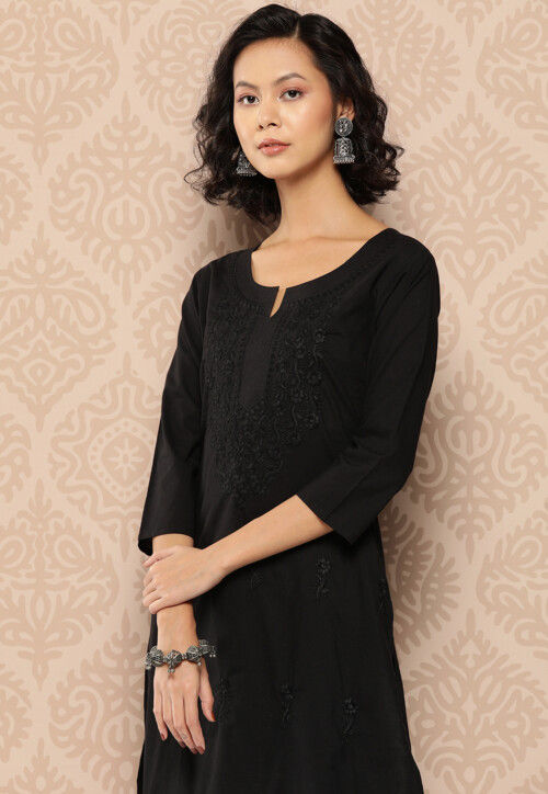 Embroidered Pure Cotton Straight Kurta in Black