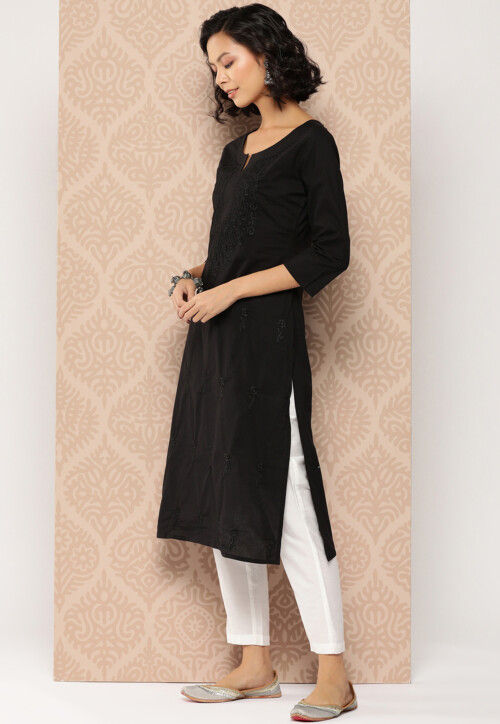 Embroidered Pure Cotton Straight Kurta in Black