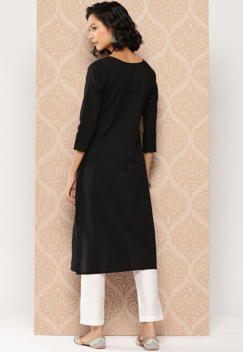 Embroidered Pure Cotton Straight Kurta in Black