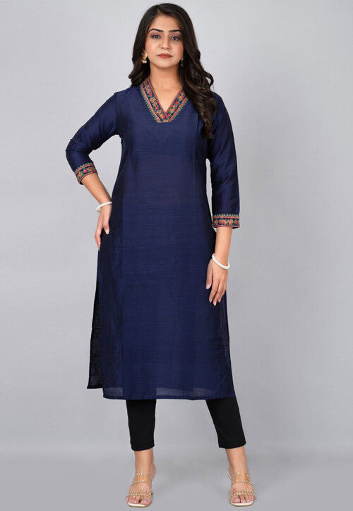 Embroidered Pure Cotton Straight Kurta in Navy Blue