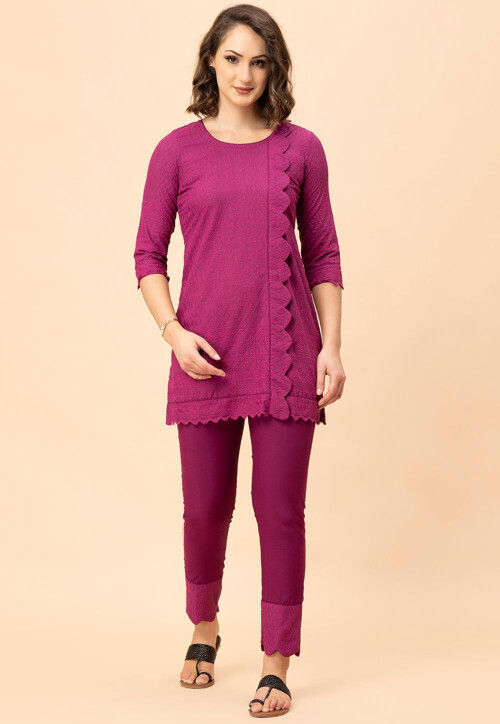 Embroidered Pure Cotton Tunic Set in Magenta