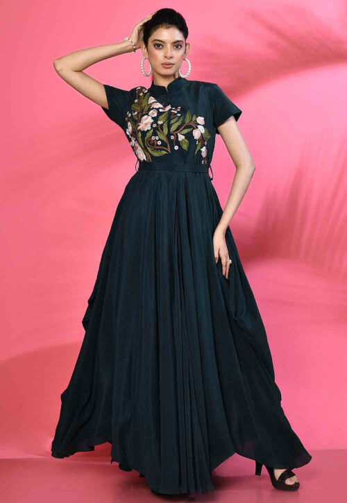 Embroidered Pure Crepe Asymmetric Gown in Dark Teal Blue
