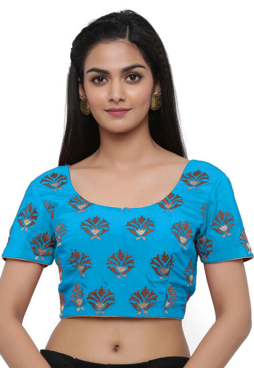 Embroidered Pure Crepe Blouse in Blue UBD1029