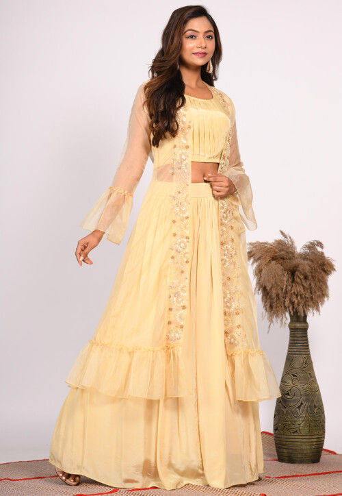 Hand Embroidered Pure Crepe Crop Top Set in Yellow