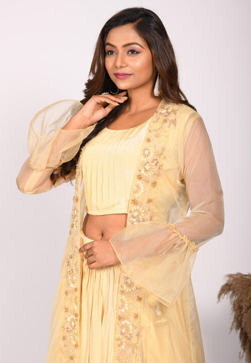 Hand Embroidered Pure Crepe Crop Top Set in Yellow