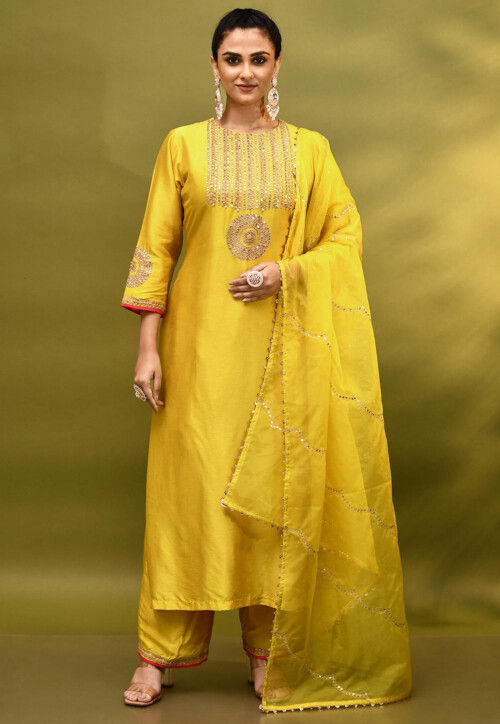 Embroidered Pure Dupion Silk Pakistani Suit in Yellow