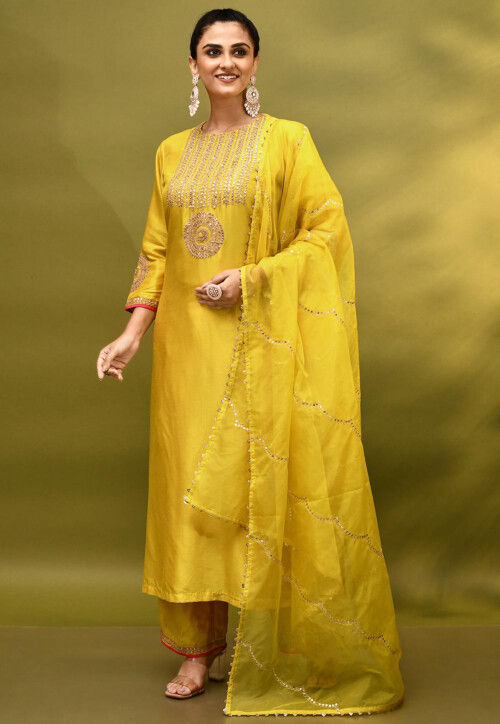 Embroidered Pure Dupion Silk Pakistani Suit in Yellow