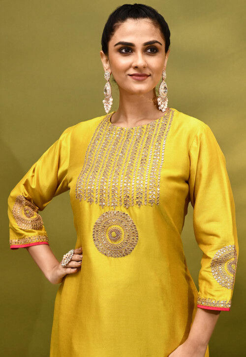 Embroidered Pure Dupion Silk Pakistani Suit in Yellow