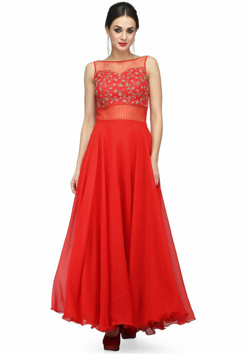 Embroidered Pure Georgette and Net Gown in Coral Red