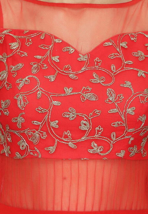 Buy Embroidered Pure Georgette and Net Gown in Coral Red Online : TLB23 ...