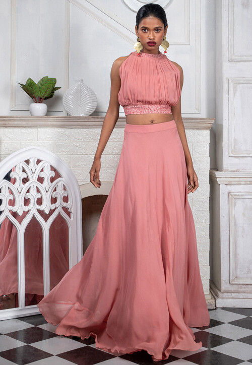 Embroidered Pure Georgette Crop Top Set in Pink