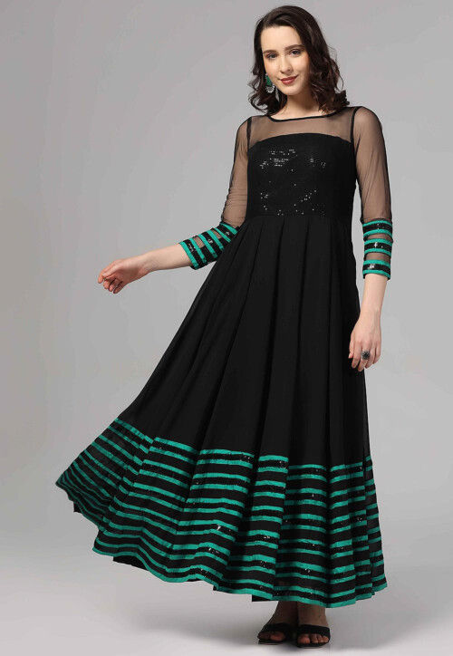 Embroidered Pure Georgette Gown in Black