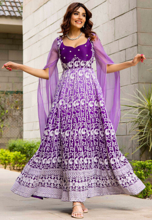 Embroidered Pure Georgette Gowns in Dark Purple
