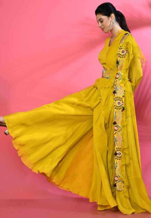 Embroidered Pure Georgette Jumpsuit in Yellow