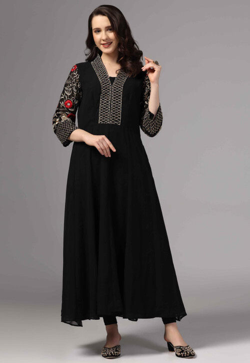 Embroidered Pure Georgette Long Kurta in Black