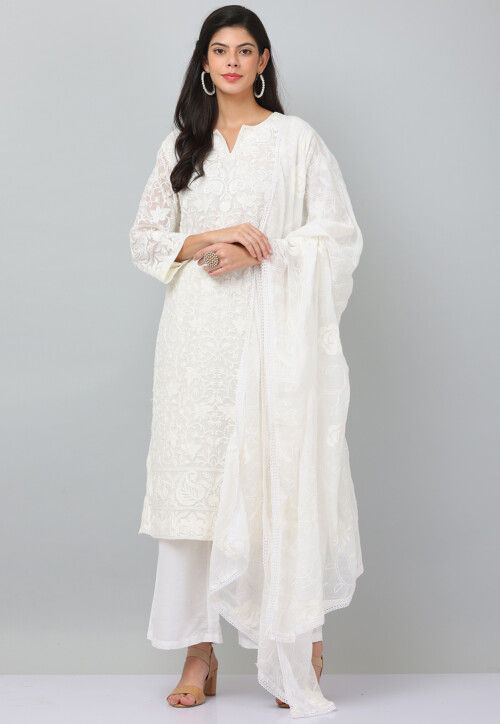 Embroidered Pure Georgette Pakistani Suit in Off White