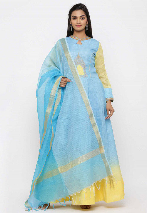 Embroidered Pure Kota Silk Abaya Style Suit in Ombre Blue