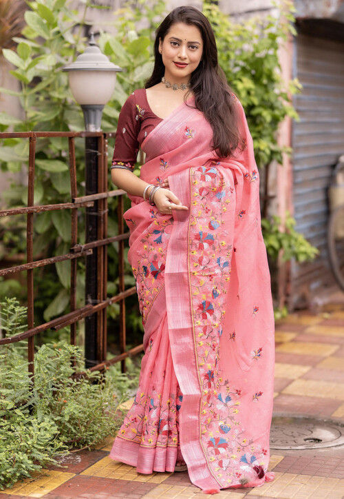 Embroidered Pure Linen Saree in Pink