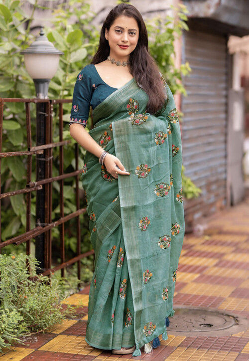 Embroidered Pure Linen Saree in Sky Blue