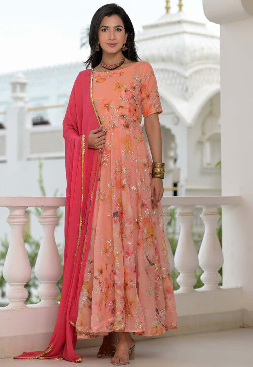 Buy Embroidered Pure Organza Abaya Style Suit in Peach Online KHS764 Utsav Fashion