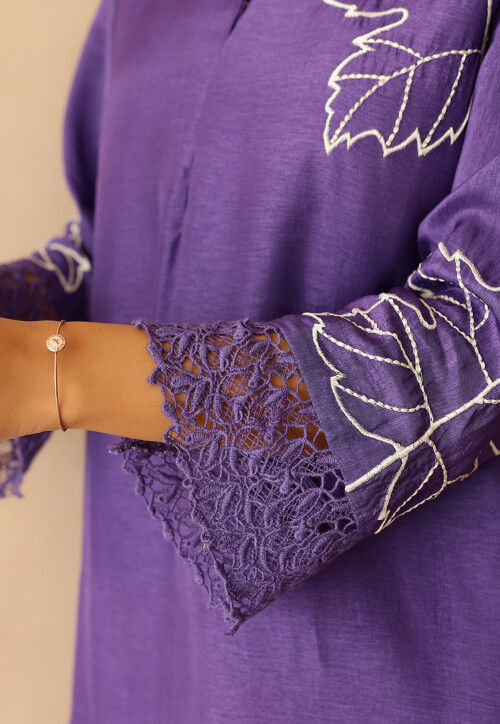 Embroidered Pure Silk A Line Kurta Set in Purple