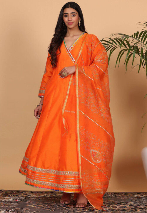 Embroidered Pure Silk Aline Suit in Orange