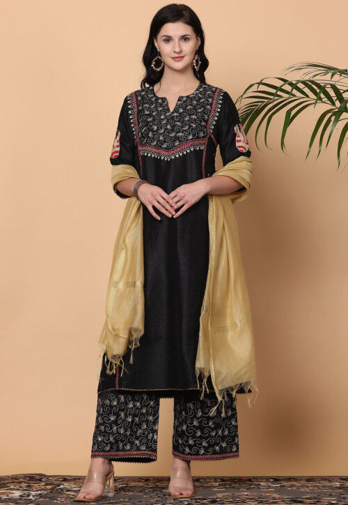 Embroidered Pure Silk Pakistani Suit in Black