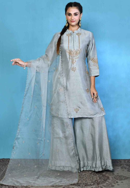 Embroidered Pure Silk Pakistani Suit in Grey