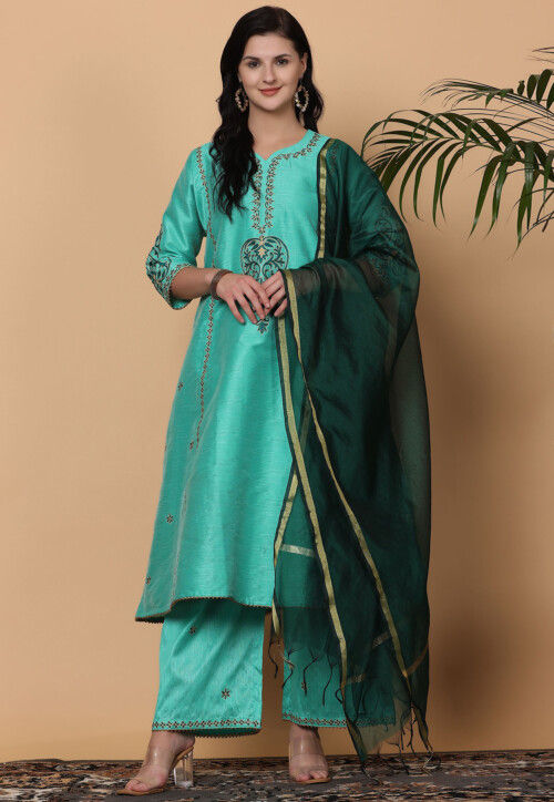 Embroidered Pure Silk Pakistani Suit in Sea Green