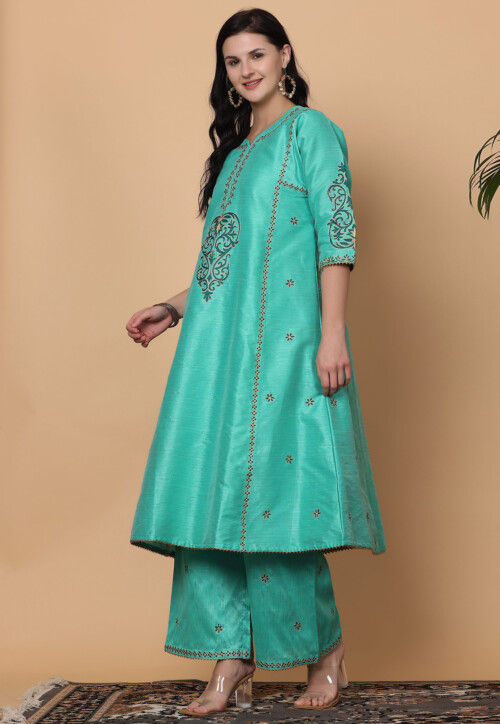 Embroidered Pure Silk Pakistani Suit in Sea Green