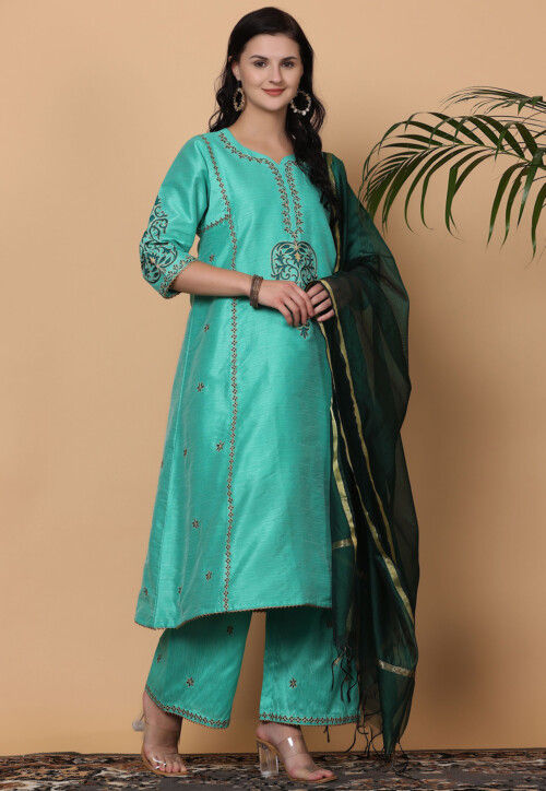 Embroidered Pure Silk Pakistani Suit in Sea Green