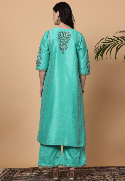 Embroidered Pure Silk Pakistani Suit in Sea Green