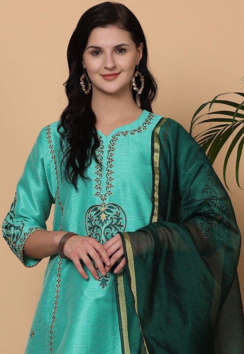 Embroidered Pure Silk Pakistani Suit in Sea Green