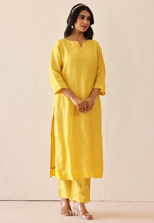 Embroidered Pure Silk Pakistani Suit in Yellow