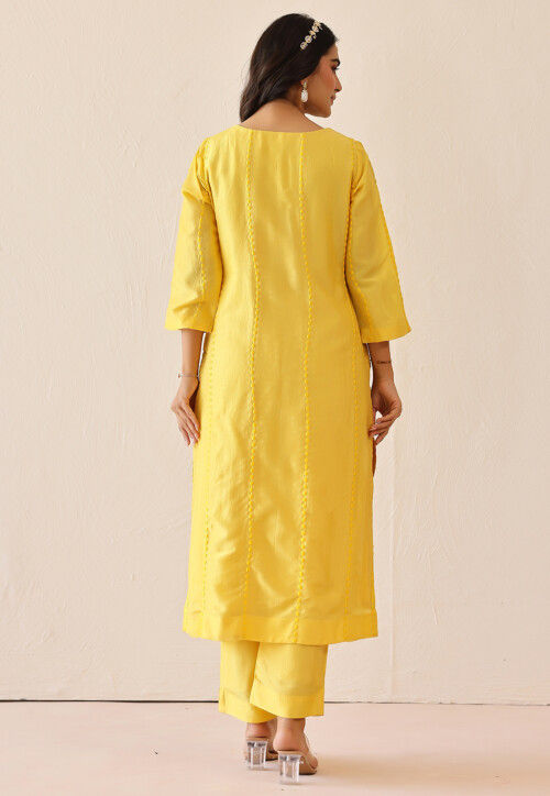 Embroidered Pure Silk Pakistani Suit in Yellow