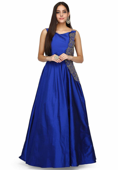 Embroidered Pure Taffeta Gown in Royal Blue
