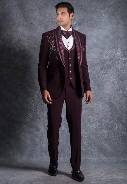Embroidered Pure Terry Rayon Tuxedo Set in Wine