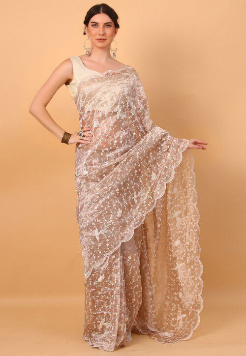 Embroidered  Pure Tissue Scalloped Saree in Beige