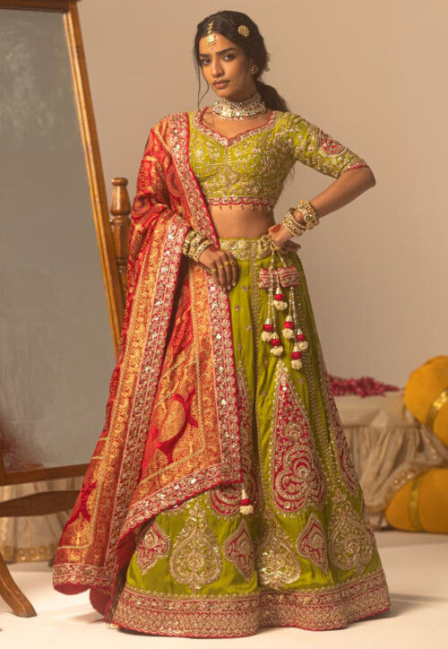 Pure Tussar Silk Lehenga in Light Green