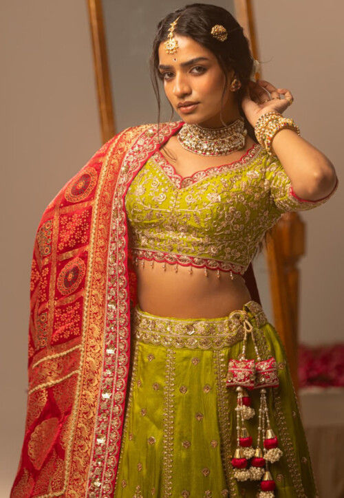 Pure Tussar Silk Lehenga in Light Green
