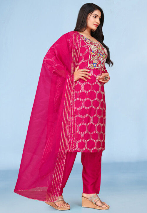 Embroidered Pure Viscose Silk Pakistani Suit in Fuchsia