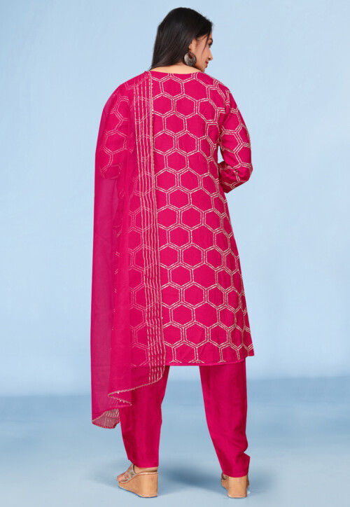 Embroidered Pure Viscose Silk Pakistani Suit in Fuchsia