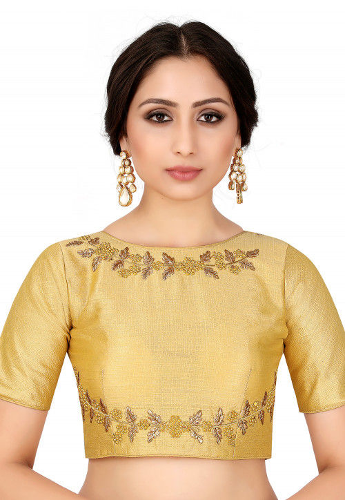 Embroidered Raw Silk Blouse in Beige : UBZ11
