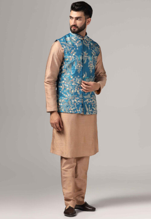 Buy Embroidered Raw Silk Kurta Set In Beige Online Mhx440 Utsav Fashion