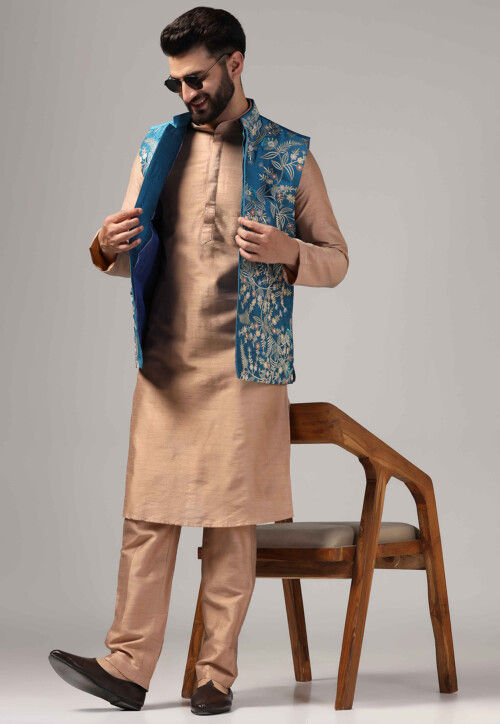 Buy Embroidered Raw Silk Kurta Set In Beige Online Mhx440 Utsav Fashion