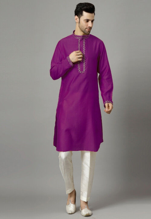 Embroidered Raw Silk Kurta Set in Purple