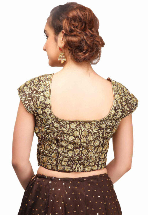 Embroidered Raw Silk Lehenga in Brown